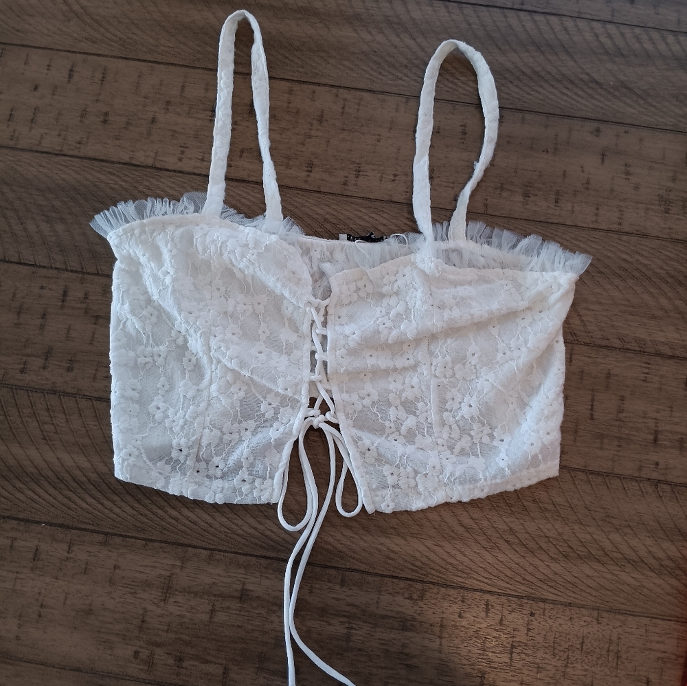 Zara Women's S White Tulle Eyelet Crop Top Lace Up